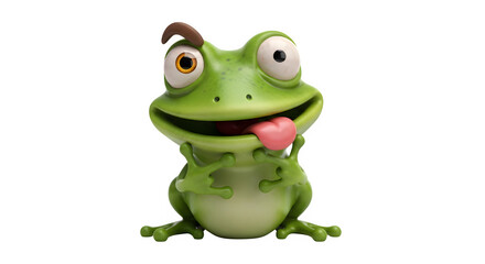 Obraz premium Funny 3d cartoon frog character with big eyes sticking out its pink tongue and a small brown curl on its head, isolated on transparent background