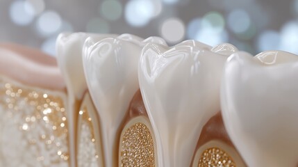 A 3D digital rendering of tooth enamel layers, from translucent outer coating to underlying dentin, with labels and glowing highlights — dental anatomy visualization, educational science graphic,