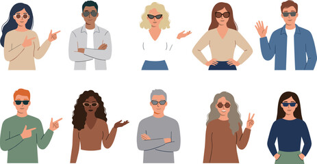 Diverse Group of Ten People Avatars Wearing Sunglasses in Various Poses Including Pointing and Waving, Isolated Flat Vector Illustration for User Profiles