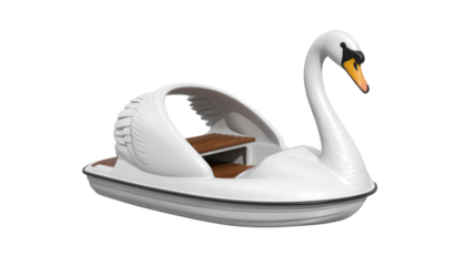 This image features a white swan pedal boat with wooden seats, designed for aquatic recreation and leisurely rides. background removed