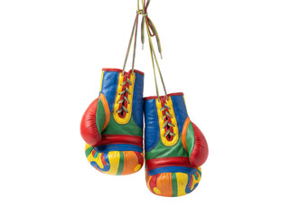 Colorful boxing gloves hanging on transparent background