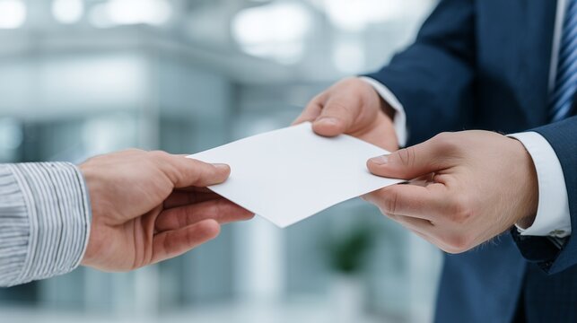 Close up two entrepreneurs hands exchanging blank card in a bright modern office, concept for business negotiation, paper deal and job offering