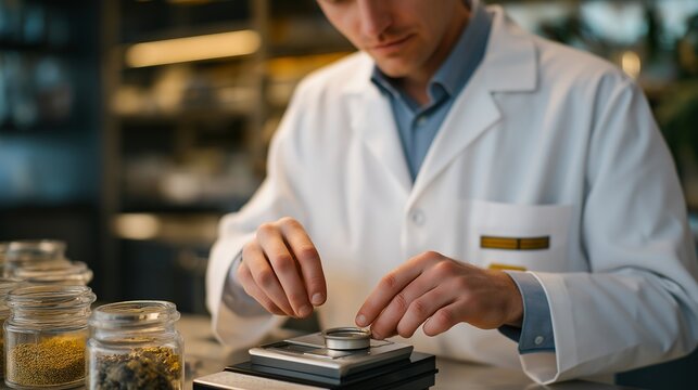 A pharmacist using compact digital micro-scales to measure powdered medication before encapsulation, clean glass jars lining the sterile counter &mdash; pharmaceutical precision, compounding accuracy,