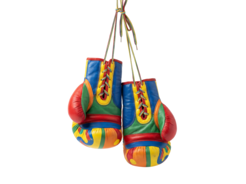 Colorful boxing gloves hanging on transparent background