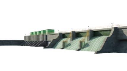A detailed 3D rendering of a large concrete hydroelectric dam with multiple spillways, generating power, with water flowing over its wall. background removed