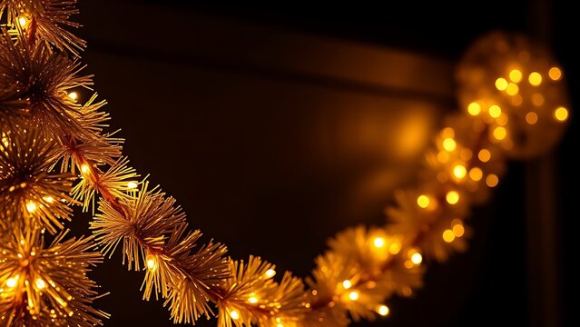 garland. Christmas garland glowing with golden lights against a dark, subtly glittering background. event programs, museum guides, designed for cultural heritage projects and event programs.