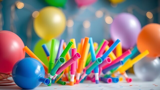 libertarian. Colorful party blowers and balloons on a table, festive celebration with soft lighting. lifestyle magazines.