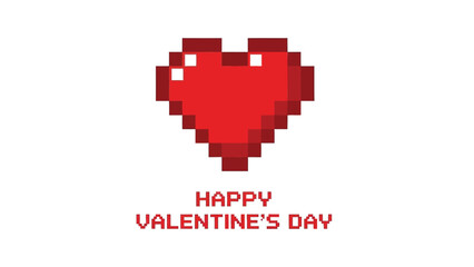 Retro pixel art red heart with happy valentines day text on a white background