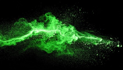 Vibrant green powder explosion captured in dynamic motion against a dark background.