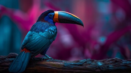 Obraz premium Close up of toucan perched on a textured log with purple leaves background, concept for wildlife conservation, exotic bird watching and nature photography