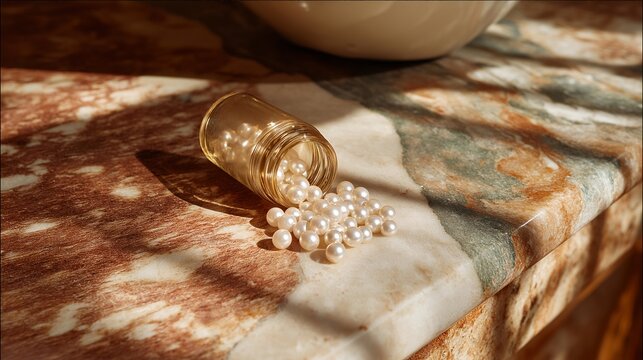 A travel-sized skincare capsule spilling tiny pearl-like doses onto a marble vanity, morning sunlight catching the glossy surface — beauty innovation, controlled-dose skincare, and luxury self-care - Powered by Adobe