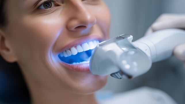 A futuristic AI-assisted dental scanner hovering next to a patient’s mouth, mapping each tooth in real time with blue light — innovative dentistry, smart diagnostic tools, and next-generation tooth
