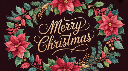 Merry christmas text surrounded by a wreath of poinsettias holly and pine branches design