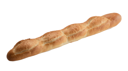 A long, freshly baked golden-brown bread loaf, resembling a French baguette, with a lightly crisp crust, isolated on a solid background. background removed