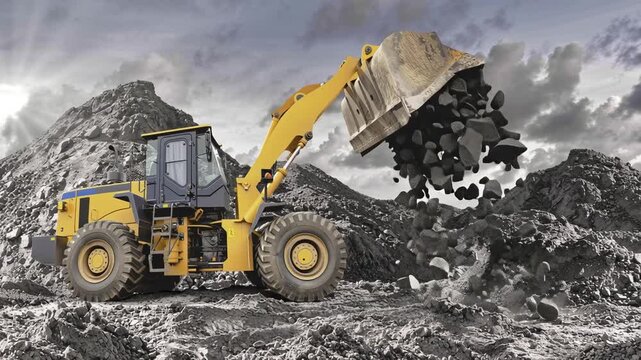 Loader lifts dirt and rocks at the worksite. It dumps the load as workers prepare for further excavation and site development in the afternoon light.