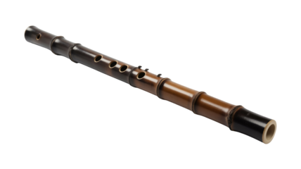 A traditional Japanese shakuhachi flute, crafted from bamboo with a two-tone brown finish, featuring multiple finger holes for musical expression. background removed