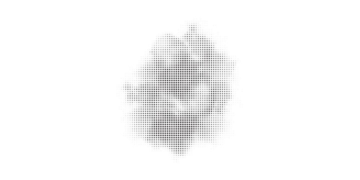 Monochrome halftone dot pattern forming an abstract smoky cloud shape with dissolving edges.