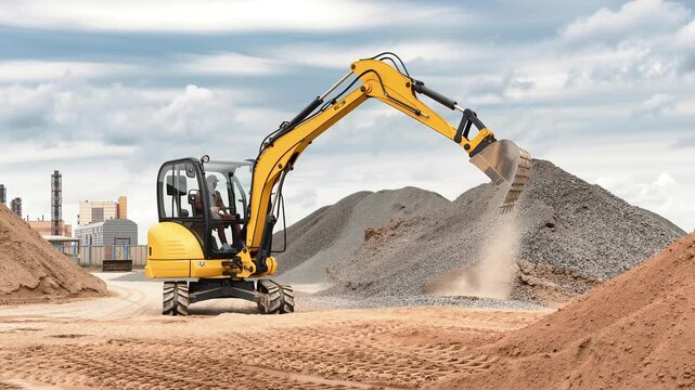 Excavator works to move dirt and gravel at a construction site in the city. The machinery lifts, digs, and shifts materials as the sun shines.