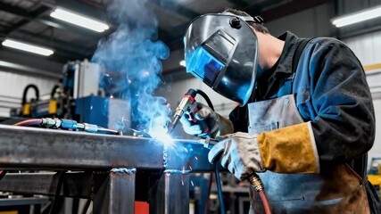 Metalworker demonstrating diverse welding tools and safety gear focusing on secure steel joints with dynamic sparks flying in a professional manufacturing space.