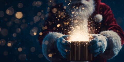 Close up of Santa Claus hands in gloves holding a magical gift box with light. Concept for Christmas surprise, festive celebration and holiday advertising
