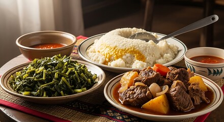 Hearty ethiopian feast featuring injera with stews and greens