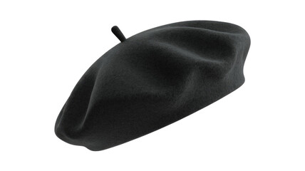 Fototapeta premium A classic black wool beret with a small stem, showcasing a timeless and elegant fashion accessory. Ideal for a sophisticated look. background removed