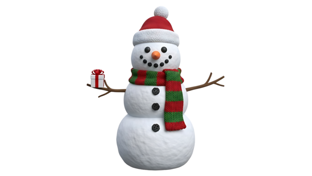 Festive Snowman with Gift Box and Striped Scarf isolated on black background