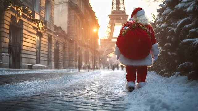 Winter holiday celebration concept. Christmas New Year. Santa Claus in Paris during winter, with the Eiffel Tower in the background. The scene is illuminated by the warm glow of the sun.