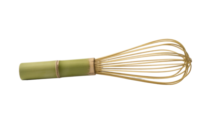 A traditional Japanese bamboo matcha whisk, known as a Chasen, used for preparing frothy green tea, displayed against a simple background. background removed