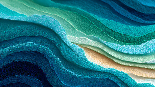 Abstract art hand drawn watercolor solid green turquoise azure sea water wavy background on textured watercolor paper for wallpaper banner template page design.