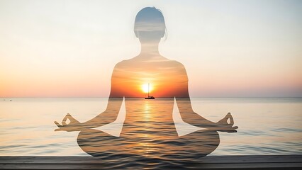 Silhouette of a person in a meditating yoga pose superimposed with a serene sunset over the ocean symbolizing inner peace and spiritual connection