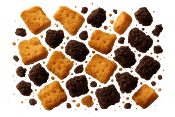 Falling cookies and brownies creating a delicious snack explosion with crumbs on transparent background