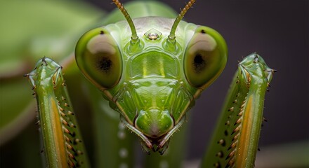 Detailed macro portrait of a vivid green praying mantis predatory insect face