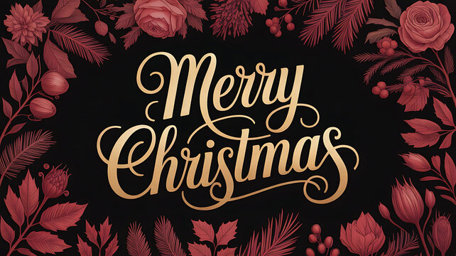 Gold merry christmas text surrounded by red floral elements on a black background scene