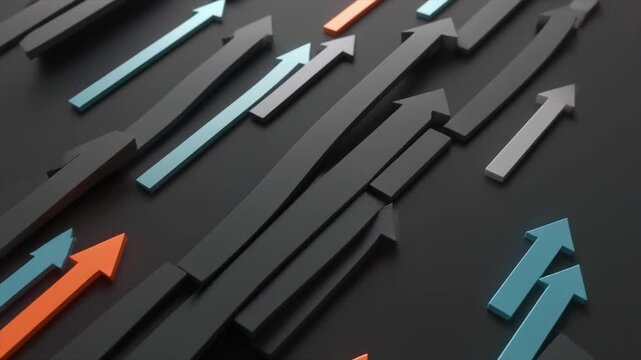 Multiple arrows in various colors and sizes pointing upwards on a dark surface growth progress