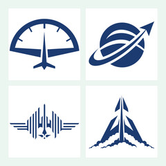 Set of four blue aviation and space travel logo icon symbols