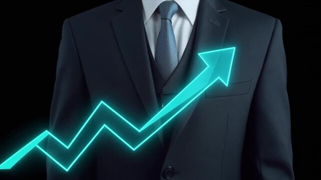 Businessman in dark suit with glowing blue upward trending arrow graph superimposed growth finance