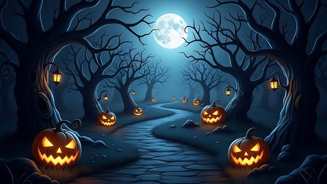 Spooky halloween forest with glowing jack-o'-lanterns and full moon.
