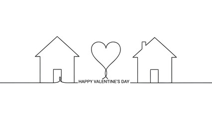 Continuous line drawing of two houses with a heart in between and happy valentines day text