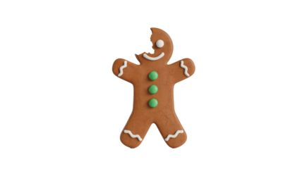 A delicious, partially eaten gingerbread man cookie featuring white icing and green buttons, perfect for holiday themes or a sweet treat. background removed