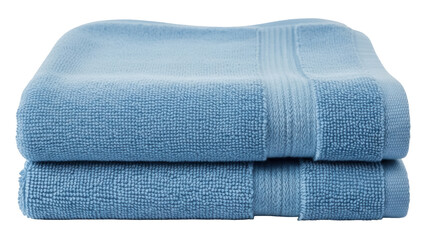 Stack of two light blue cotton towels isolated PNG, soft and absorbent bath linens for bathroom or spa use on transparent background
