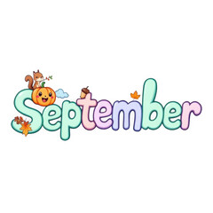 Cartoon Word September with Autumn Elements isolated on transparent background. Bubbly Pastel Teal Pink Letters. Playful Jack-o-Lantern Squirrel Leaves.