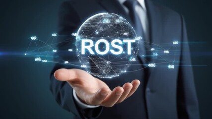 Man in suit presenting a digital globe with the word " ROST" and interconnected data points on a dark background - Powered by Adobe