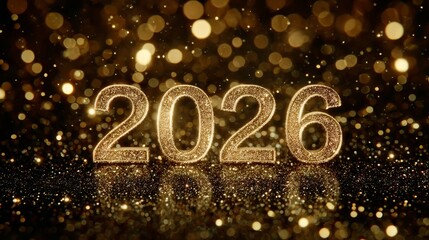Golden glitter numerals reading 2026 for a new year celebration, creating a festive background with sparkling light particles and bokeh effects on a dark surface