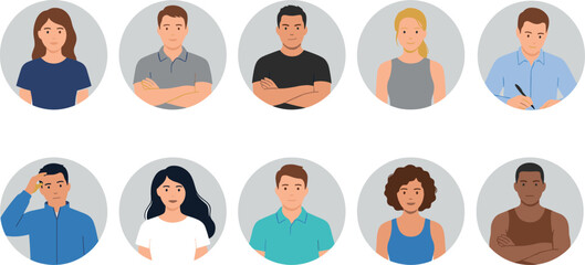 Diverse male and female user avatar collection, simple flat style characters with various hair and skin colors, standing, arms crossed, detailed vector icon set for profile, social media, 