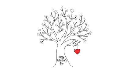 Hand holding a red heart ornament on a stylized tree with happy valentines day text