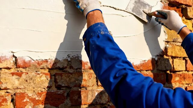 Skilled worker applies smooth plaster evenly on an old brick wall transforming its appearance with a clean polished finish.