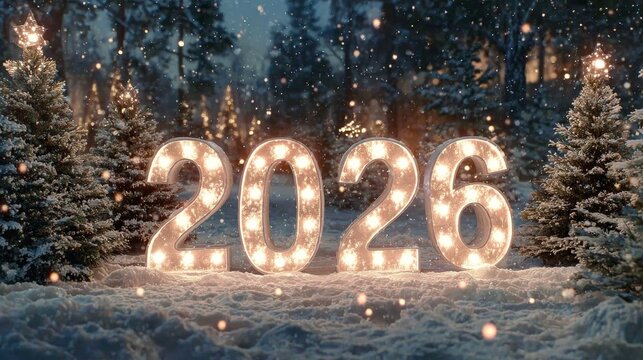 Celebrating the new year 2026 with bright marquee lights forming the numbers, standing in a snowy winter forest scene with evergreen trees and falling snow