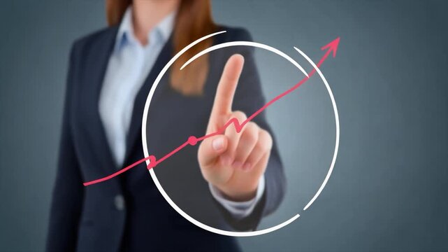 Woman in business suit touching a red upward trending graph inside a circular frame finger