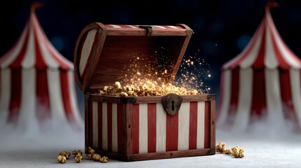A wooden chest with a red and white striped lid is opened to reveal a pile of popcorn. The scene is set under a circus tent, creating a whimsical and playful atmosphere